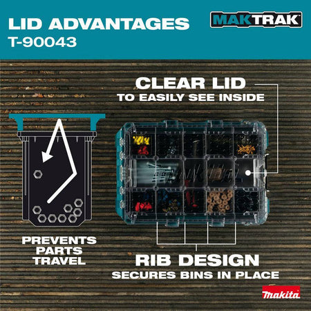 Technical graphic illustrating the Makita MAKTRAK lid advantages, featuring a rib design that secures bins in place and prevents small parts from traveling between compartments during transit.