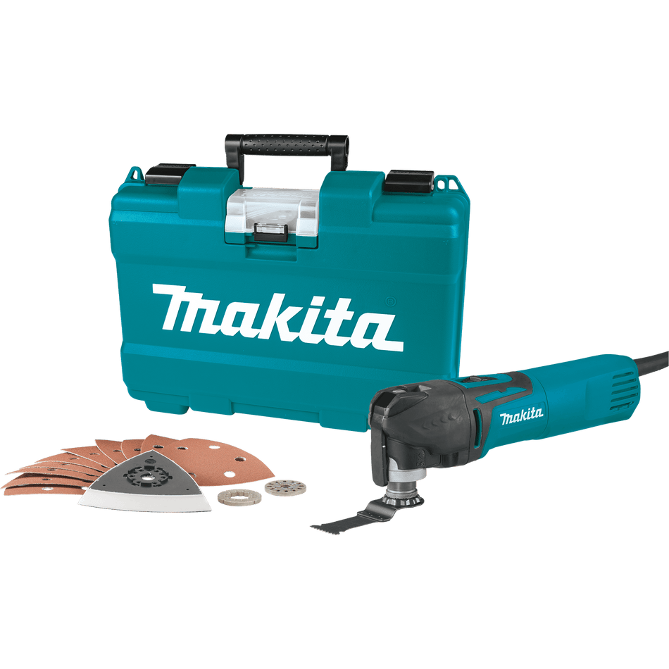 Complete Makita TM3010CX1 3 Amp corded oscillating multi-tool kit, displaying the variable speed tool, sanding pad, assorted sandpaper, plunge blade, adapters, and teal hard case.