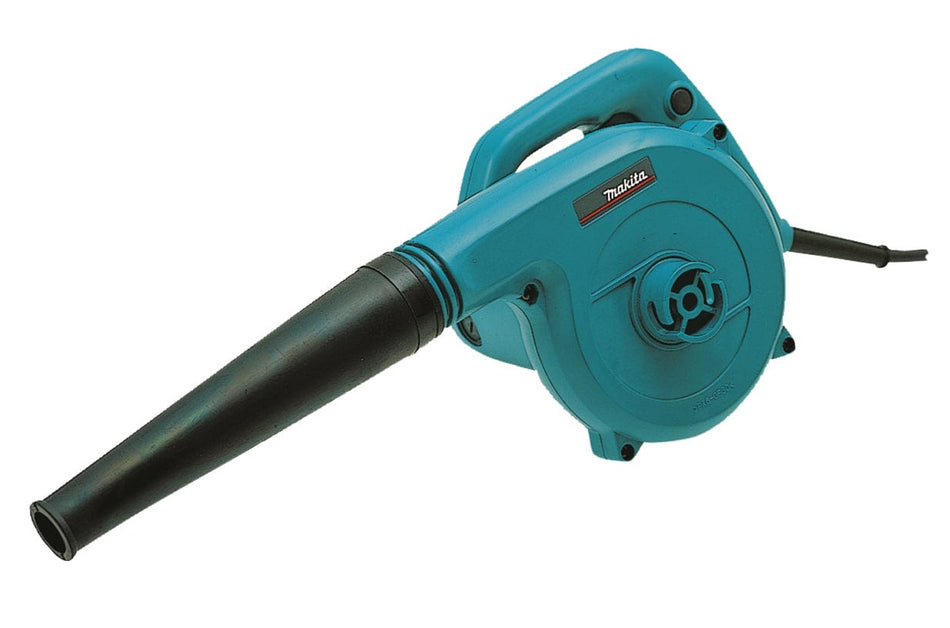 Studio view of the teal Makita UB1101 high-speed handheld electric blower featuring a black nozzle, side air intake, and top handle with a trigger switch.