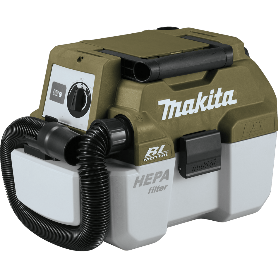 Makita ADCV11Z 18V LXT cordless wet dry vacuum featuring a 2-gallon capacity, 57 CFM brushless motor, and integrated HEPA filtration.