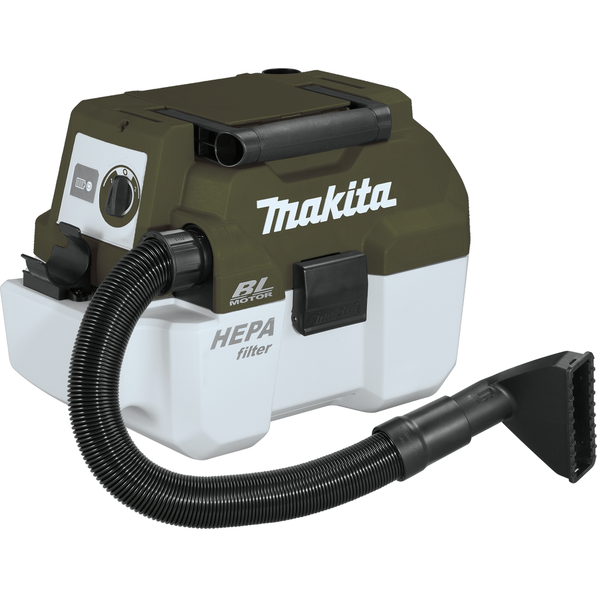 Makita ADCV11Z 18V cordless wet dry vacuum shown with its flexible 6.5-foot hose and wide upholstery nozzle attachment connected.