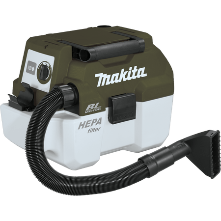Makita ADCV11Z 18V cordless wet dry vacuum shown with its flexible 6.5-foot hose and wide upholstery nozzle attachment connected.