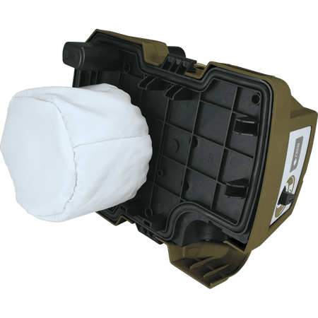 Underside view of the motor head assembly on the Makita ADCV11Z vacuum displaying the installed washable HEPA filter element.