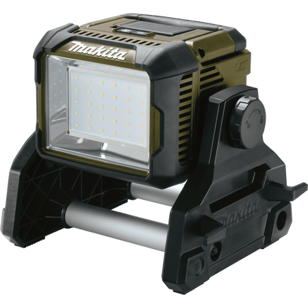 Makita ADML811 18V LXT cordless area floodlight featuring an IP65 water-resistant casing, angle-adjustment dials, and a 3,000-lumen LED array.