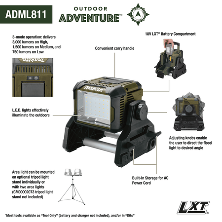 Annotated diagram of the Makita ADML811 area light highlighting its 3,000-lumen 3-mode LED array, 18V LXT battery bay, and AC cord storage.