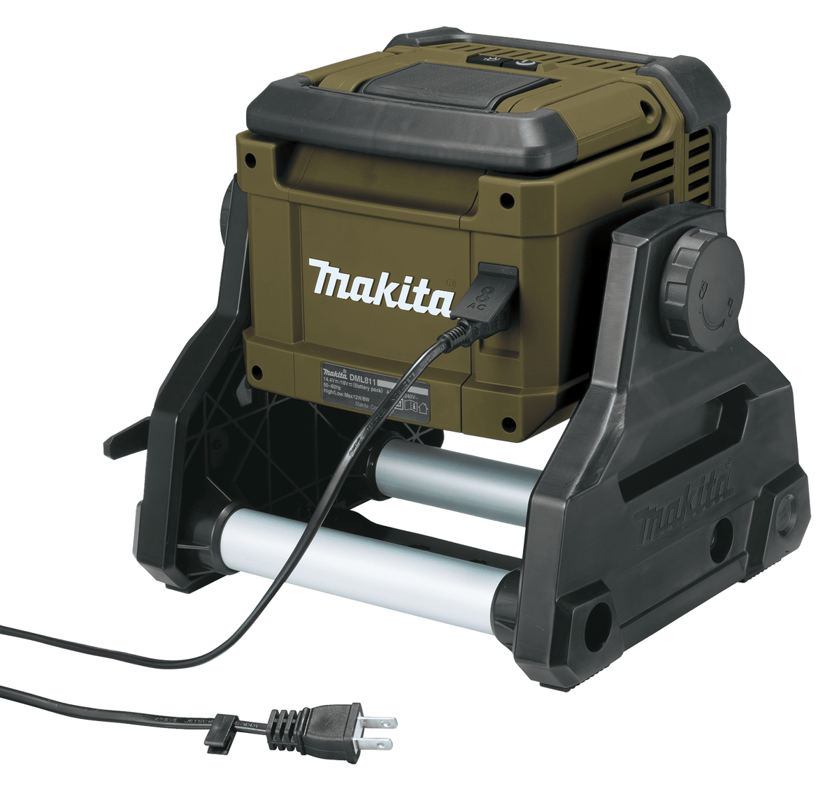 Rear view of the Makita ADML811 work light showing the 120V AC power cord plugged into the sealed AC port for continuous hybrid operation.
