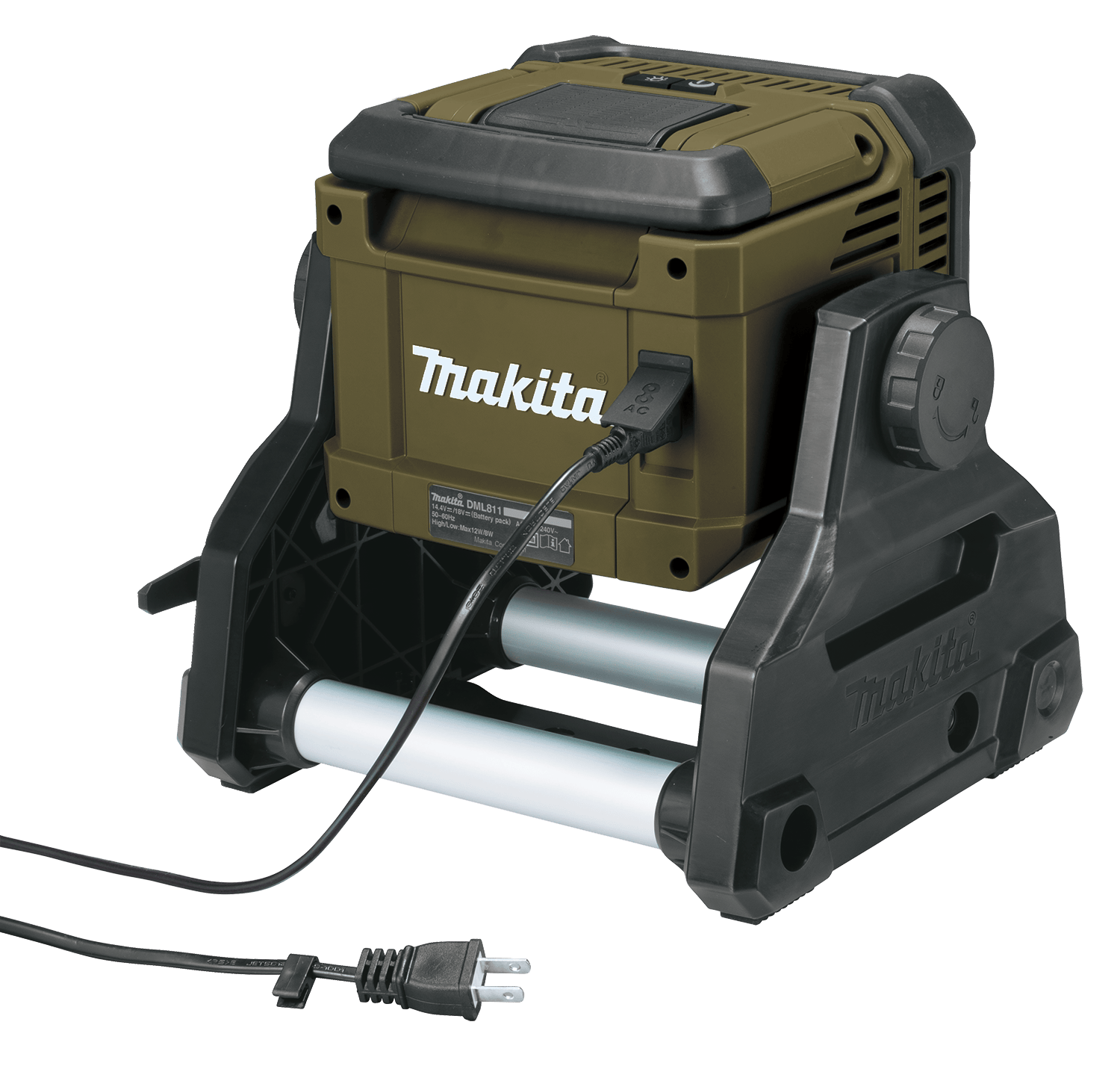 Rear view of the Makita ADML811 work light showing the 120V AC power cord plugged into the sealed AC port for continuous hybrid operation.
