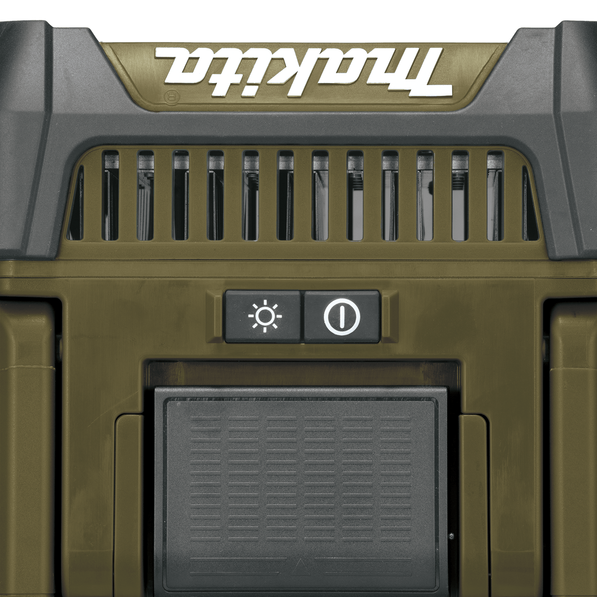 Top-down view of the control panel on the Makita ADML811 area light displaying the power button and 3-stage brightness adjustment selector.