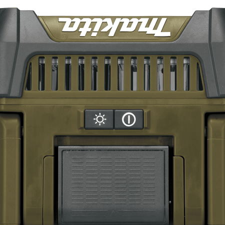 Top-down view of the control panel on the Makita ADML811 area light displaying the power button and 3-stage brightness adjustment selector.