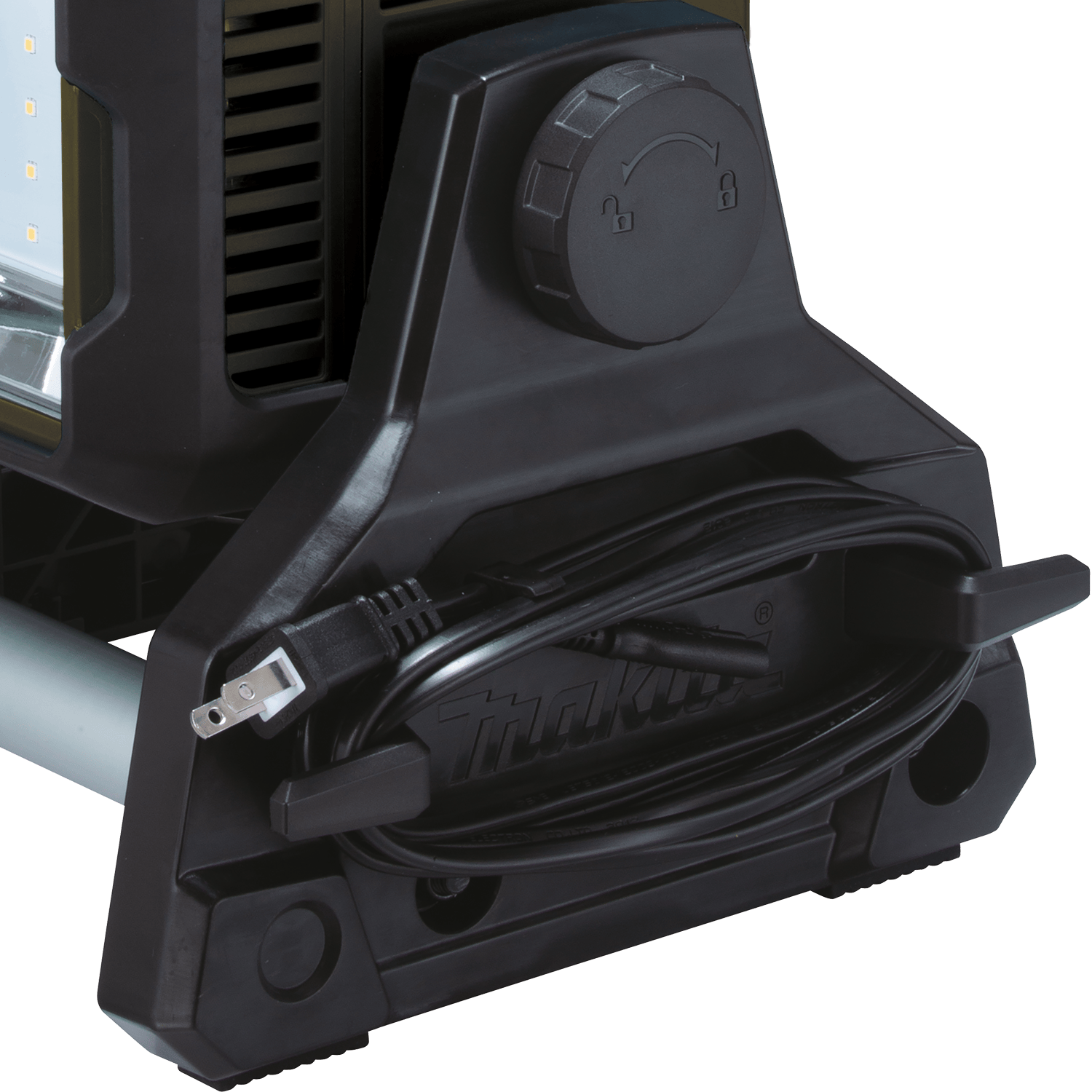 Close-up of the side frame wrap on the Makita ADML811 work light neatly stowing the detachable 120V AC power cord.