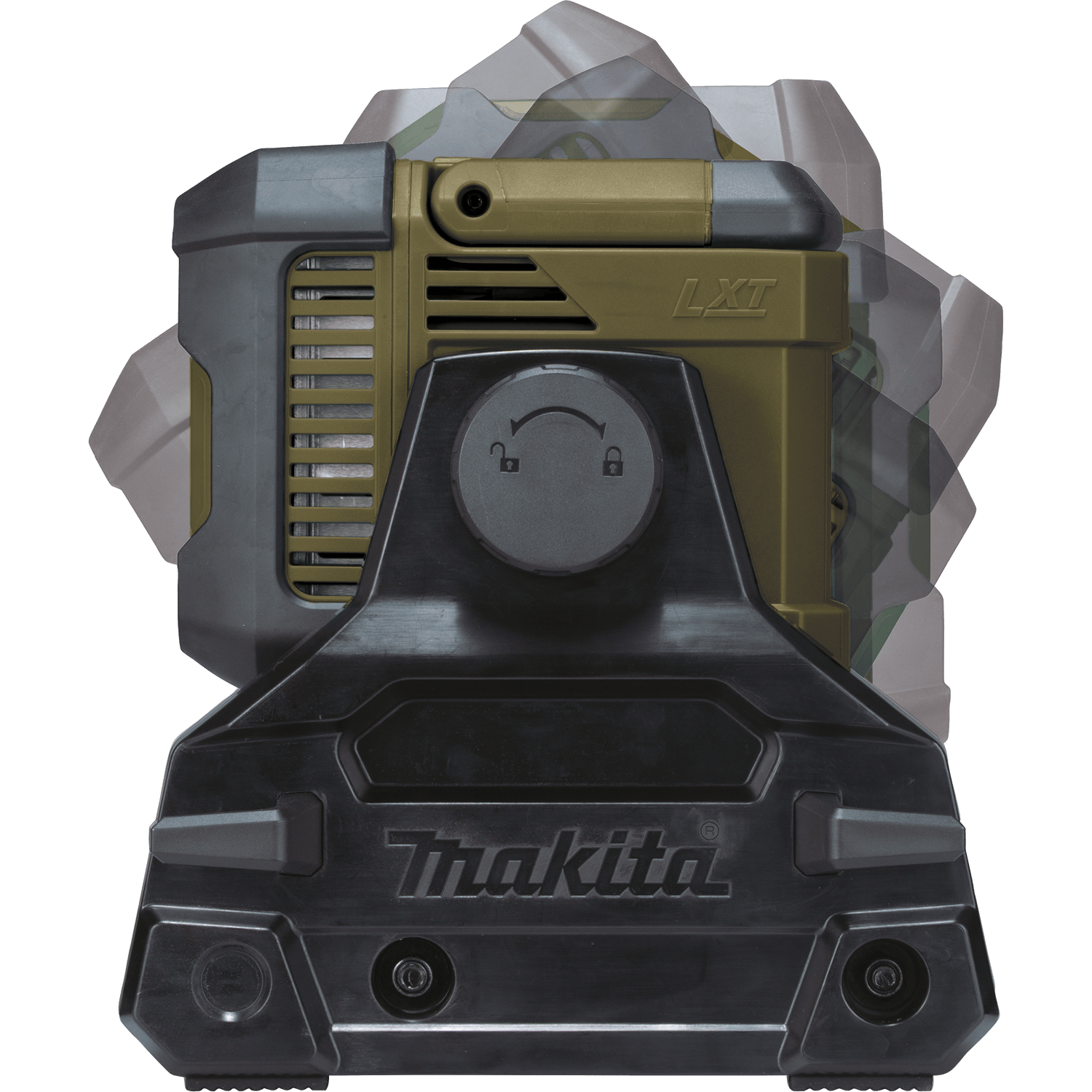 Motion graphic showing the 360-degree vertical head tilt adjustment on the Makita ADML811 work light for directing floodlight coverage.
