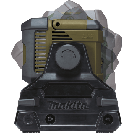 Motion graphic showing the 360-degree vertical head tilt adjustment on the Makita ADML811 work light for directing floodlight coverage.