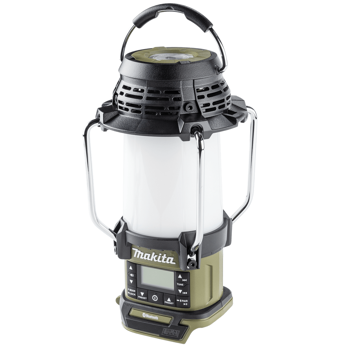 Makita ADRM13 18V LXT Bluetooth radio and 310-lumen LED lantern featuring an FM antenna guard and top carry handle.