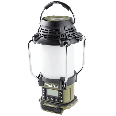 Makita ADRM13 18V LXT Bluetooth radio and 310-lumen LED lantern featuring an FM antenna guard and top carry handle.