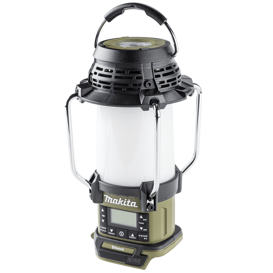 Makita ADRM13 18V LXT Bluetooth radio and 310-lumen LED lantern featuring an FM antenna guard and top carry handle.