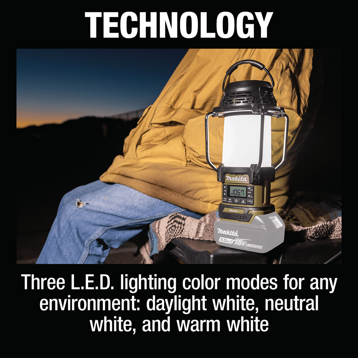 Makita ADRM13 lantern illuminating an outdoor seating area using warm white LED mode to reduce eye strain during evening relaxation.
