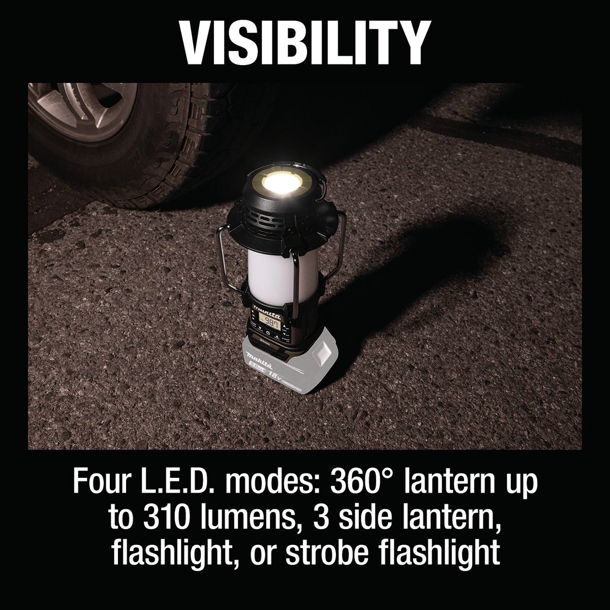 Makita ADRM13 18V LED lantern standing on asphalt in directional flashlight mode near a vehicle tire for emergency roadside repairs.