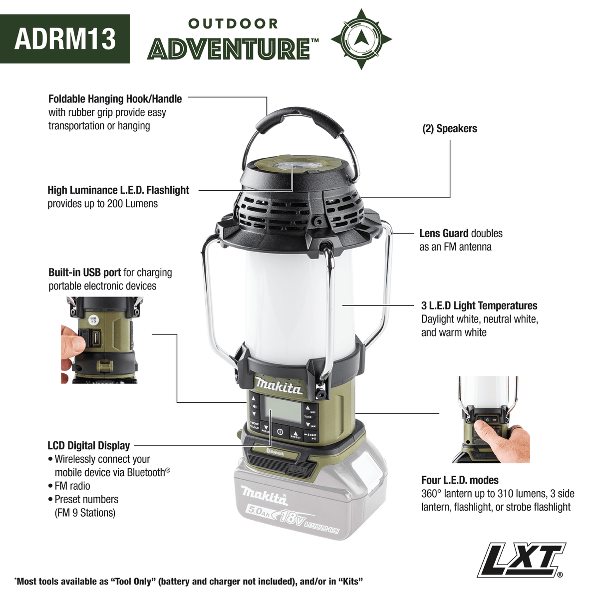 Graphic breakdown of the Makita ADRM13 lantern displaying its 310-lumen output, 3 color temperatures, USB charger, and FM radio.