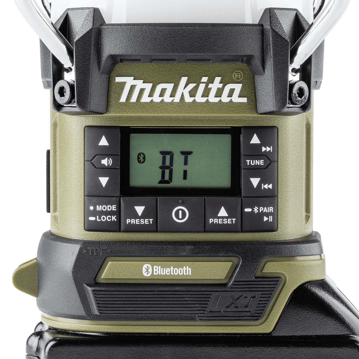 LCD digital display on the Makita ADRM13 lantern showing active Bluetooth pairing status for wireless jobsite audio streaming.