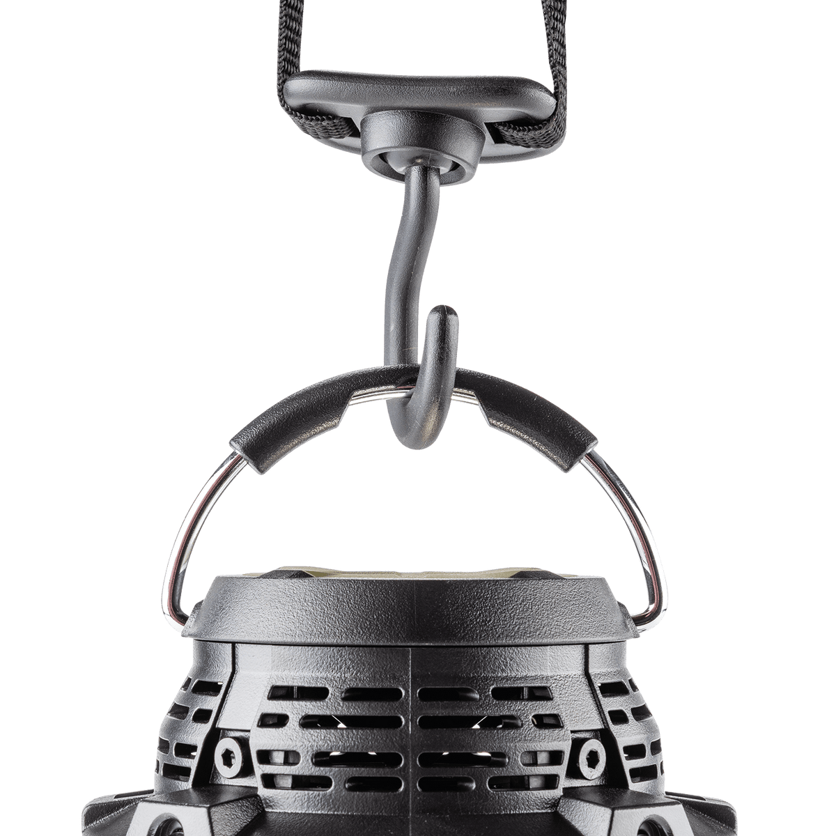 Included metal suspension hook attached to the top folding handle of the Makita ADRM13 lantern for overhead tent or jobsite lighting.