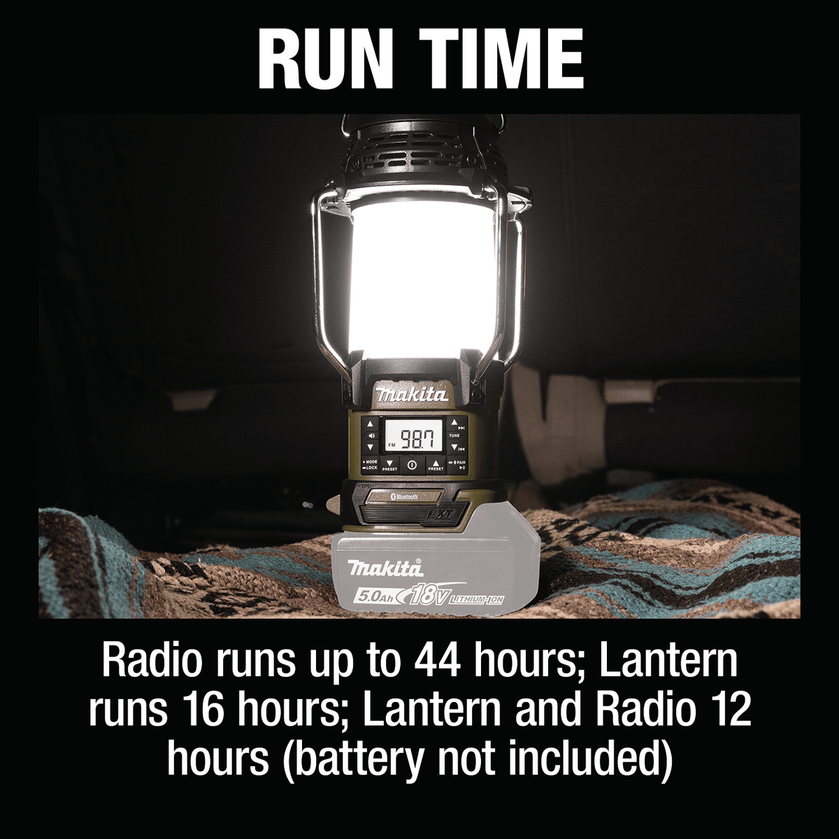 Makita ADRM13 18V lantern providing illuminated ambient light while displaying 44-hour radio runtime with an 18V 5.0Ah LXT battery.