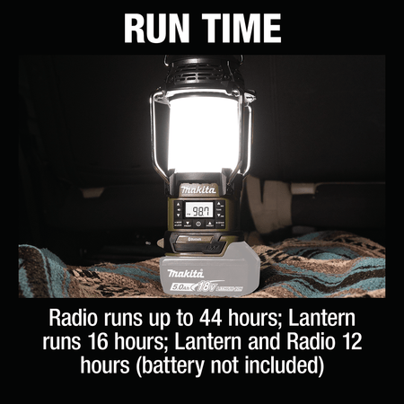 Makita ADRM13 18V lantern providing illuminated ambient light while displaying 44-hour radio runtime with an 18V 5.0Ah LXT battery.