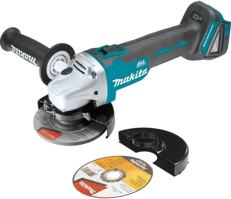 Studio shot of the Makita XAG04Z cordless angle grinder showing the side handle, grinding wheel, guard, and battery receiver at the rear base.