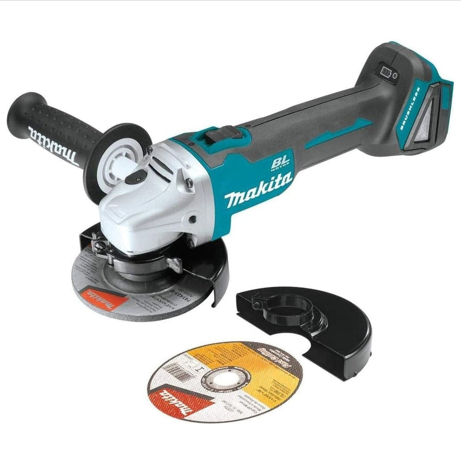 Studio shot of the Makita XAG04Z cordless angle grinder showing the side handle, grinding wheel, guard, and battery receiver at the rear base.