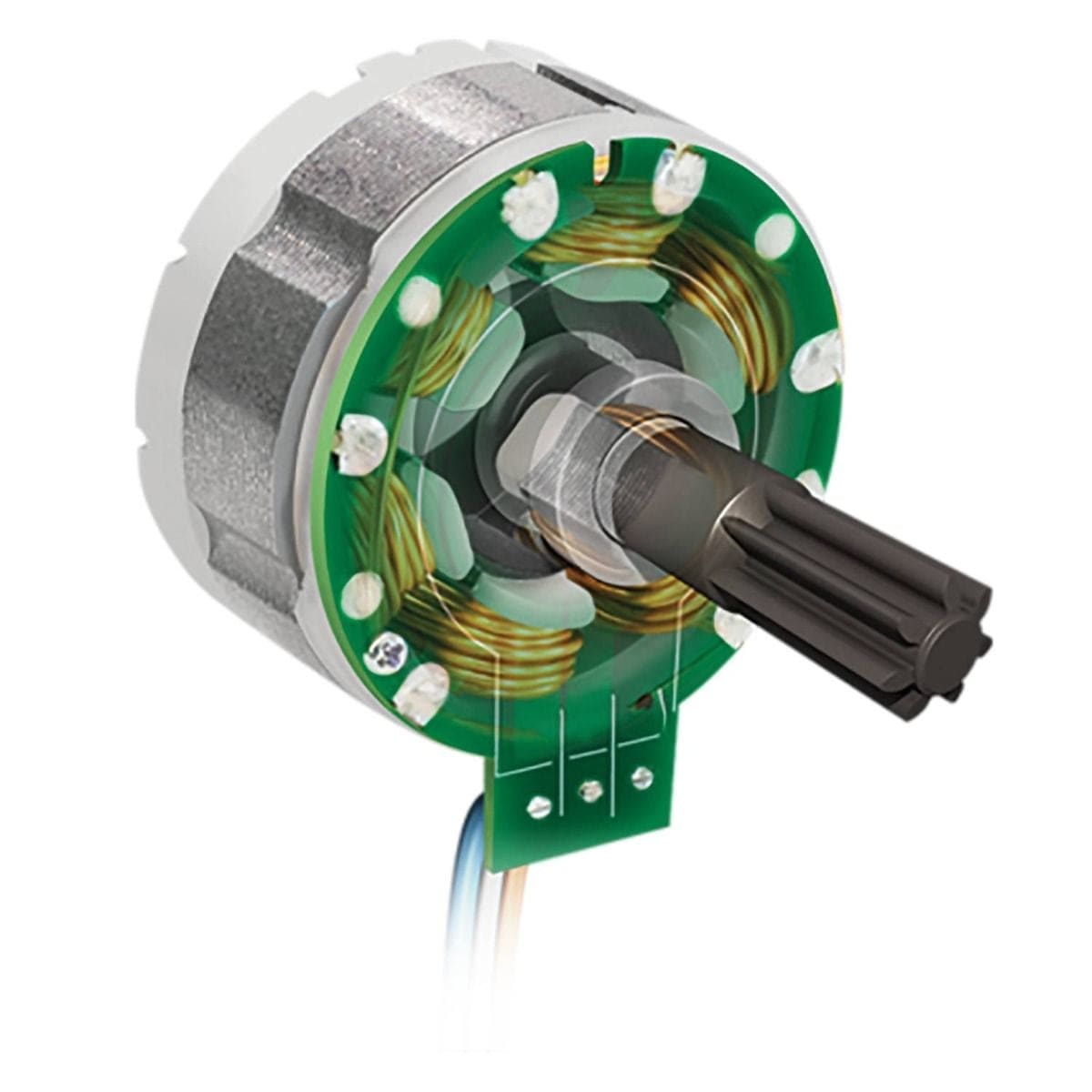 Technical cutaway illustration of the internal brushless motor showing the copper windings and rotor shaft.