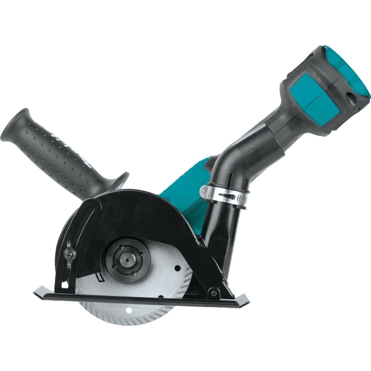 Side profile of the Makita angle grinder with a dust collection guard and hose attachment connected for concrete surfacing applications.