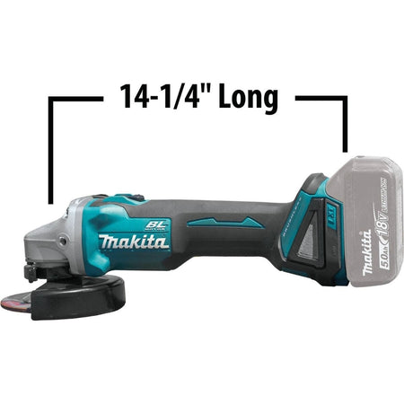 Side view graphic of the angle grinder with a dimension line indicating an overall length of 14-1/4 inches.
