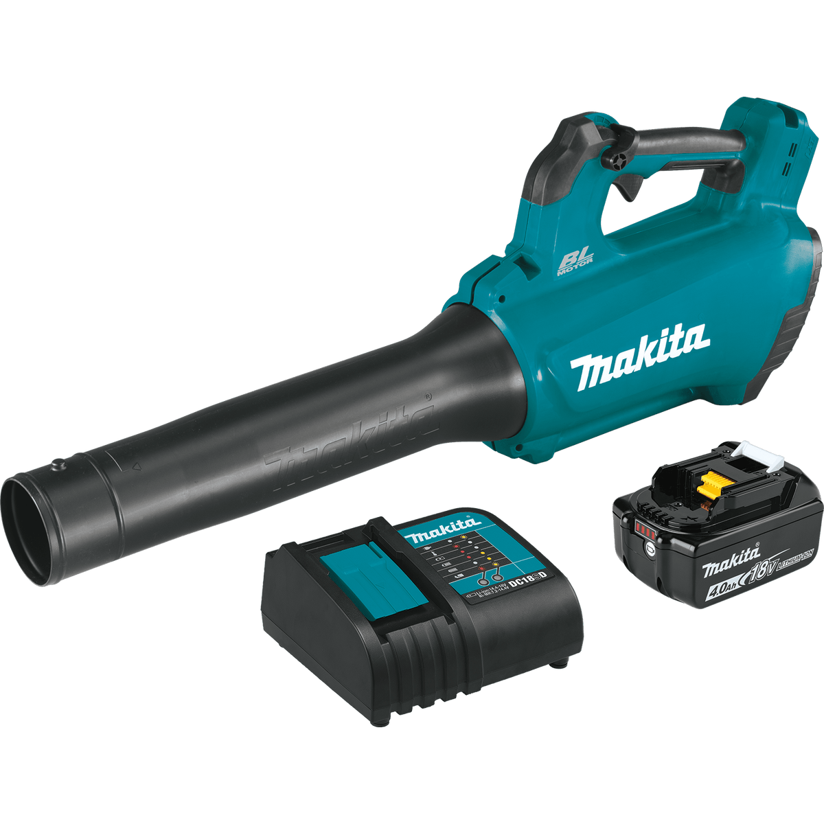 Product view of the Makita XBU03SM1 18V LXT lithium ion cordless blower kit package components displayed against a solid black background. The set includes the signature teal and black handheld leaf blower, a DC18SD smart battery charger, and one 4.0Ah 18V lithium ion battery pack.