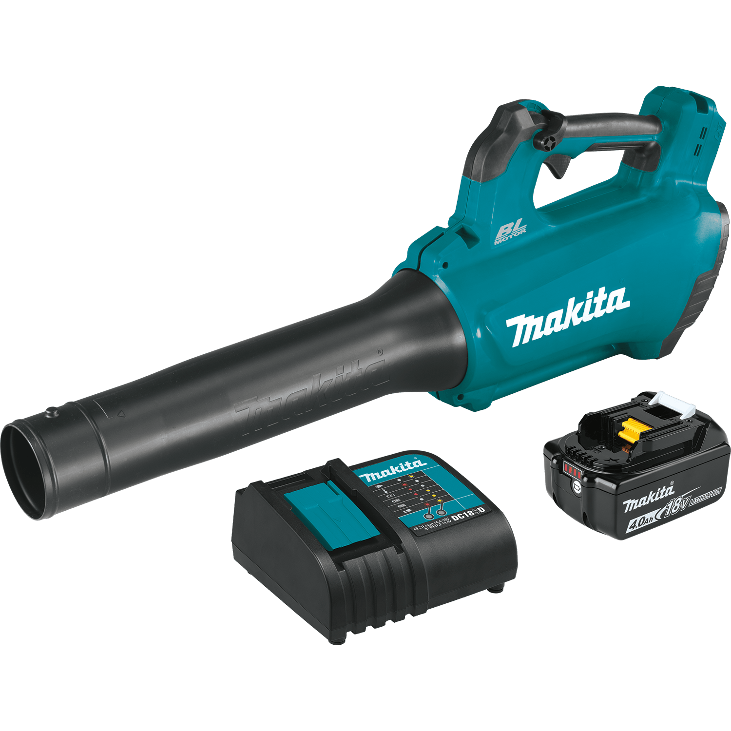 Product view of the Makita XBU03SM1 18V LXT lithium ion cordless blower kit package components displayed against a solid black background. The set includes the signature teal and black handheld leaf blower, a DC18SD smart battery charger, and one 4.0Ah 18V lithium ion battery pack.
