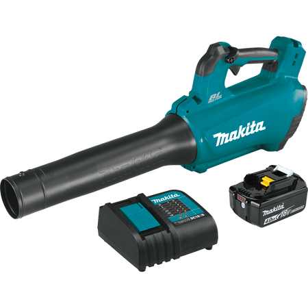 Product view of the Makita XBU03SM1 18V LXT lithium ion cordless blower kit package components displayed against a solid black background. The set includes the signature teal and black handheld leaf blower, a DC18SD smart battery charger, and one 4.0Ah 18V lithium ion battery pack.