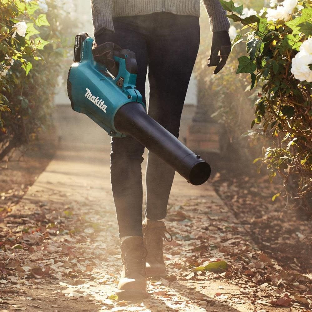 Low-angle shot of a woman walking down a garden pathway lined with white rose bushes while carrying the compact Makita inline fan leaf blower. The morning sun highlights the dust and matted leaves being swept from the walkway by the cordless garden tool.