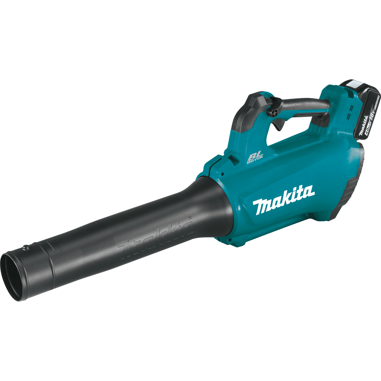 Side profile view of the Makita XBU03SM1 18V LXT cordless handheld leaf blower shown as a fully assembled unit with the 4.0Ah battery pack clicked into the rear housing slot. The inline fan design and long black nozzle extension tube are displayed against a clean black background.