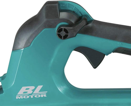 Macro close up view of the control handle area on a Makita 18V LXT brushless cordless blower. The image focuses on the mechanical cruise control thumb lever adjustments positioned directly above the black variable speed trigger switch on the ergonomic teal housing.