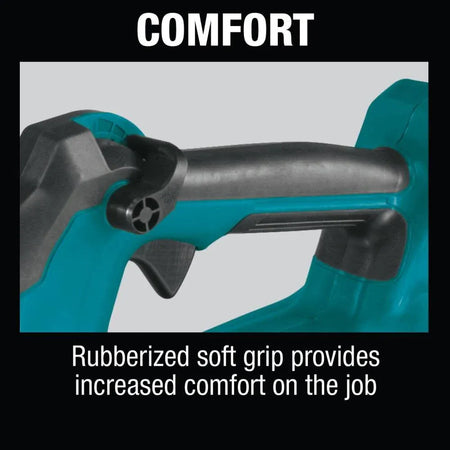 Close up image focused on the handle ergonomics of the cordless leaf blower under the marketing heading COMFORT. The black rubberized soft grip overmold wrap covers the entire handle surface to maximize user comfort and prevent hand fatigue on the job.
