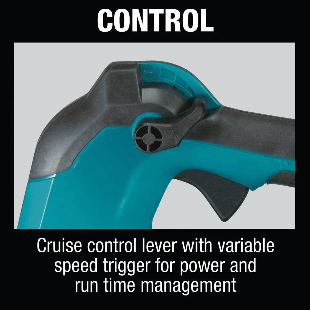 Close up image focused on the trigger mechanism under the marketing heading CONTROL. The shot details the thumb cruise control lever and the index finger variable speed trigger switch assembly used for precision air velocity power and runtime management.