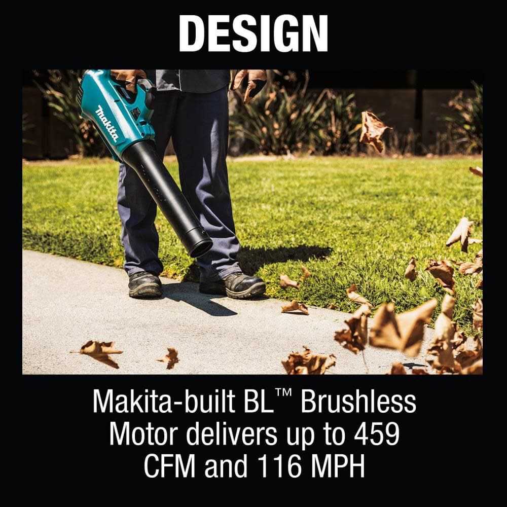 An outdoor action shot under the heading DESIGN featuring a groundskeeper using the Makita brushless cordless blower on a concrete sidewalk. The high efficiency lawn cleaner tool easily blows dry autumn leaves and yard debris across the grass with its 459 CFM capacity.