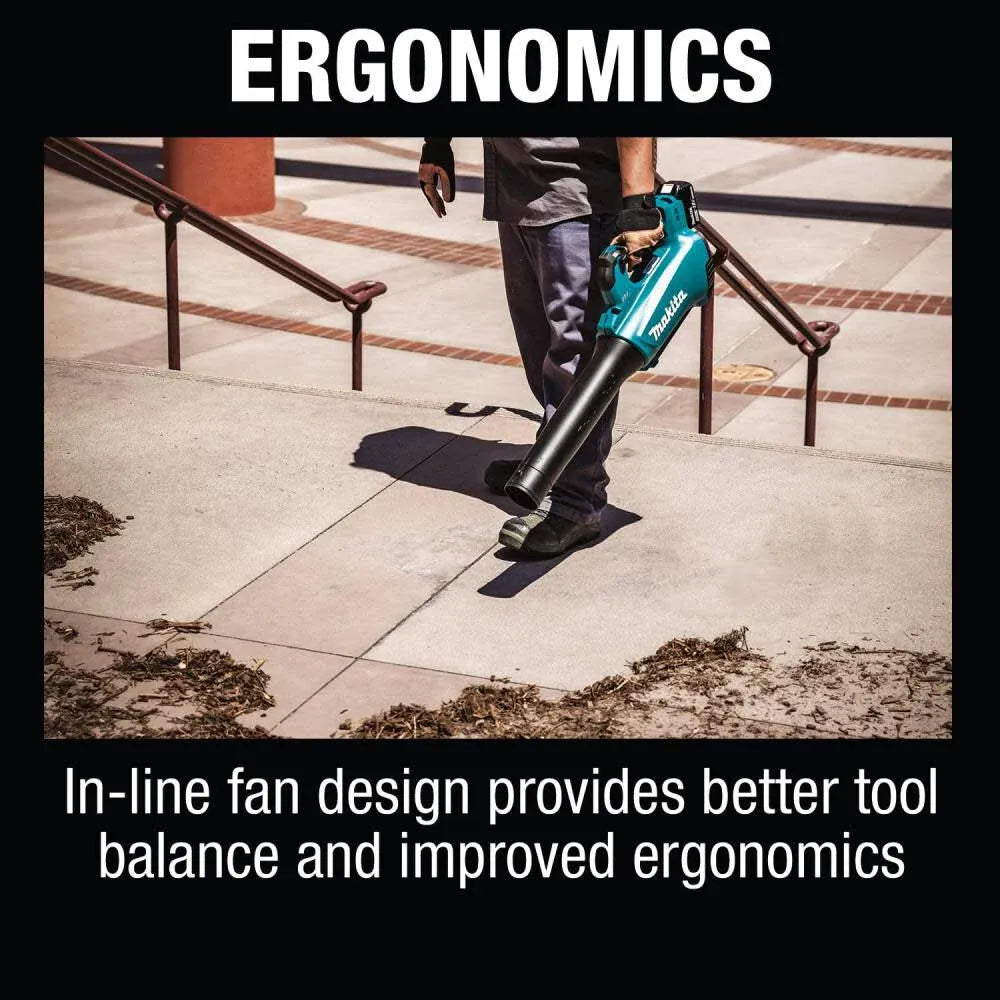 An outdoor action shot under the heading ERGONOMICS showcasing a worker clearing a public concrete courtyard walkway. The handheld blower is held naturally at a downward angle, demonstrating how the specialized inline fan layout provides a better balanced tool.
