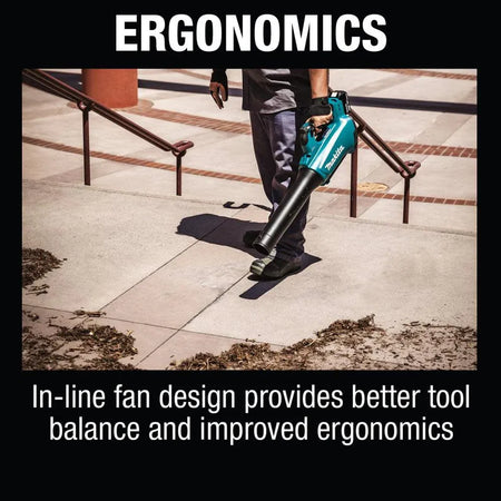 An outdoor action shot under the heading ERGONOMICS showcasing a worker clearing a public concrete courtyard walkway. The handheld blower is held naturally at a downward angle, demonstrating how the specialized inline fan layout provides a better balanced tool.