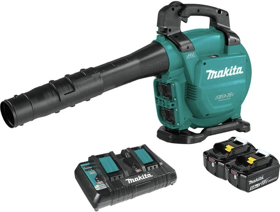 Studio view of the Makita XBU04PT blower kit including the teal blower unit, two 18V LXT batteries, and a dual-port charger.