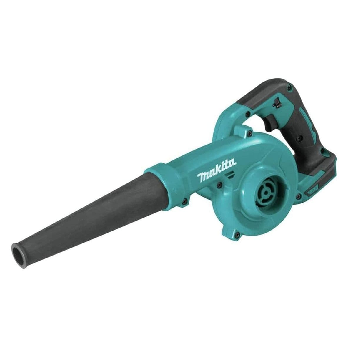 Angled studio shot of the teal and black Makita 18V cordless blower with the black nozzle attached and ready for use.