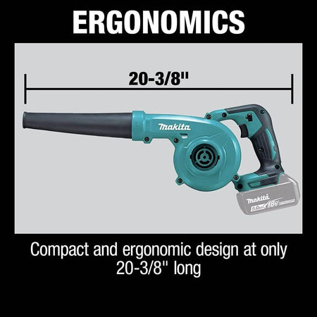 Graphic displaying the ergonomic design of the blower with a dimension line indicating an overall length of 20-3/8 inches.