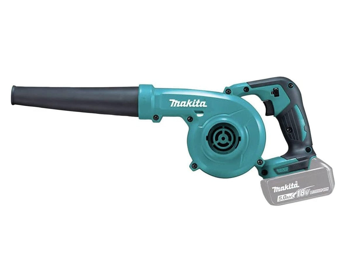 Side profile view of the cordless blower with an 18V battery attached, showing the fan intake vent and handle design.