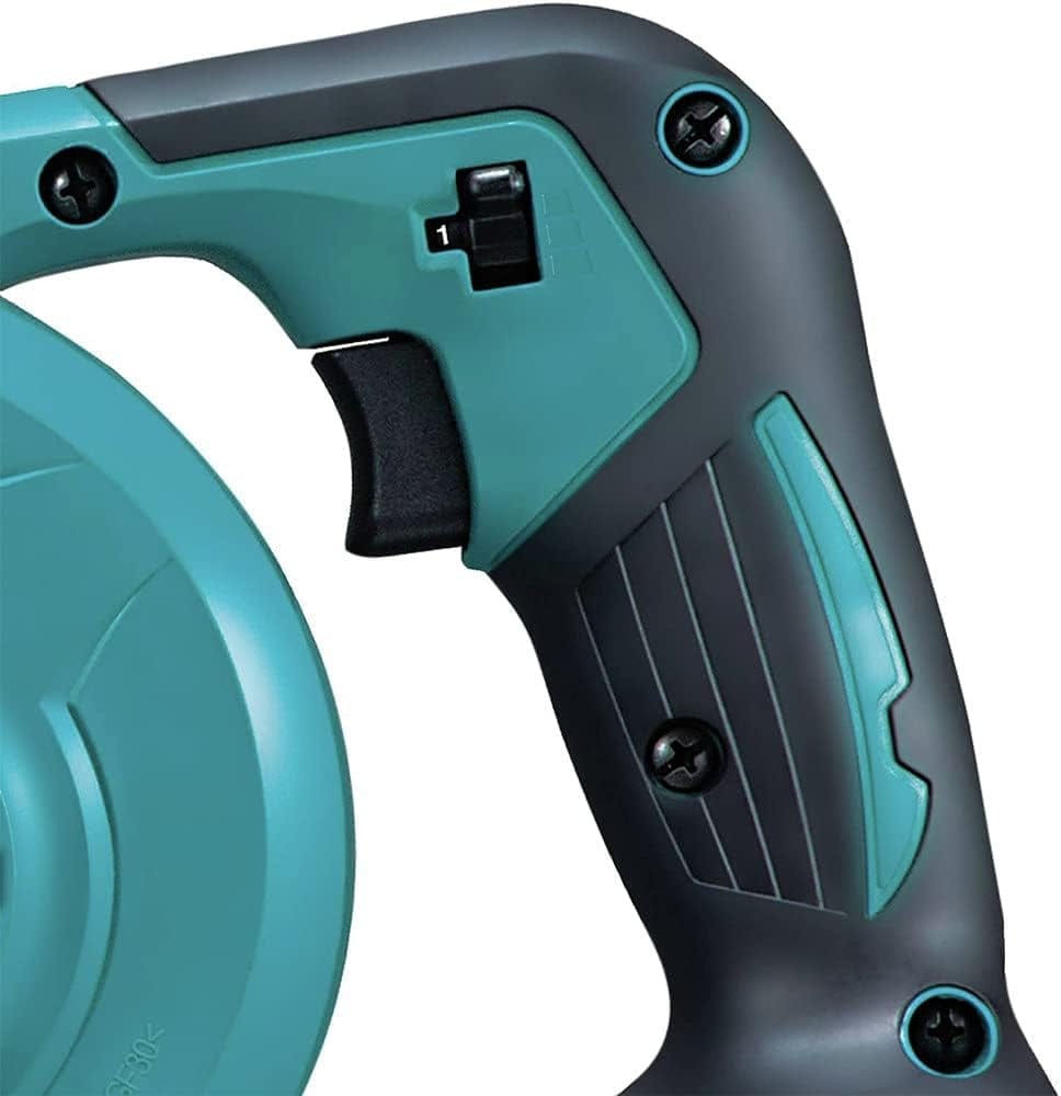 Close-up of the handle area showing the black trigger switch and the variable speed control dial located near the thumb position.