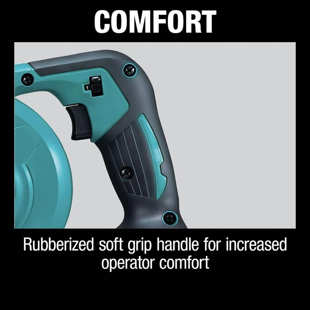 Graphic titled "Comfort" highlighting the black rubberized soft grip handle designed for increased operator comfort.