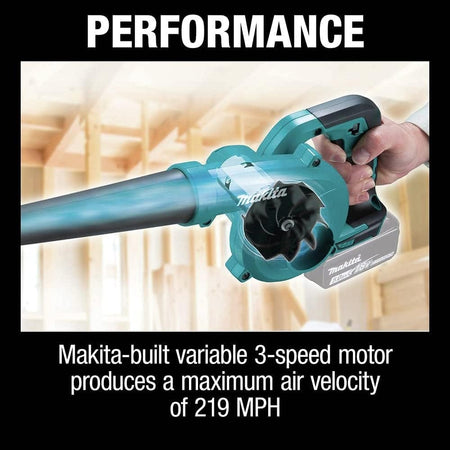 Performance infographic showing the blower in action with text stating the Makita-built variable 3-speed motor produces a maximum air velocity of 219 MPH.