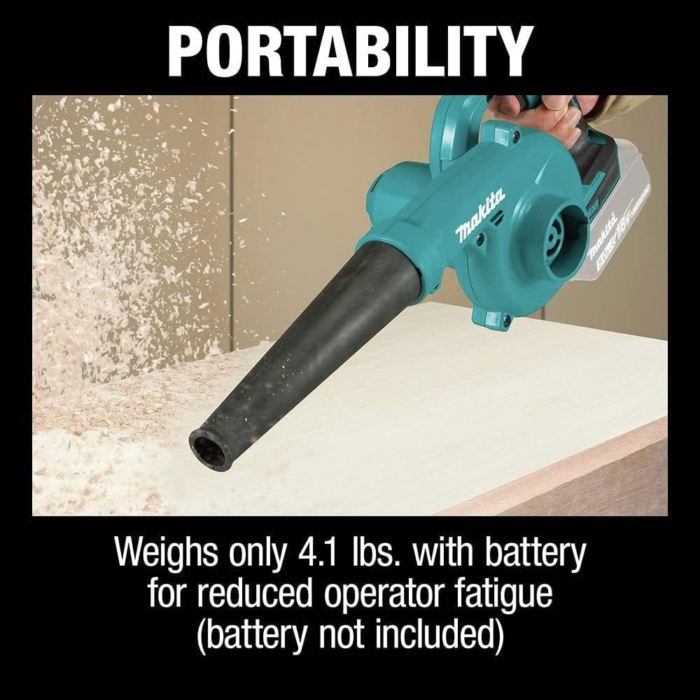 Portability infographic showing the blower clearing sawdust on a workbench, noting it weighs only 4.1 lbs with battery for reduced operator fatigue.